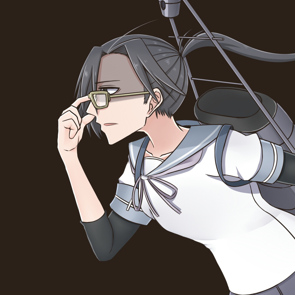 1girl adjusting_glasses amagiri_(kantai_collection) black_background glasses grey_eyes grey_hair hair_between_eyes kamonohashi kantai_collection ponytail school_uniform simple_background smokestack solo undershirt