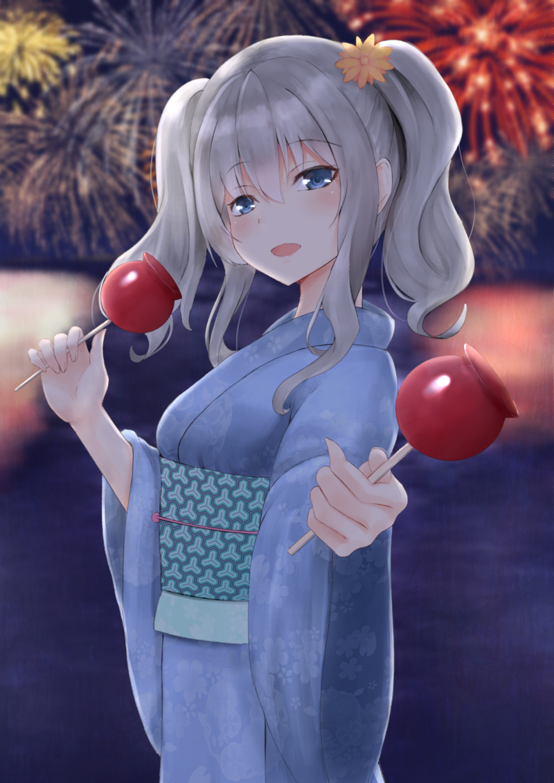 1girl alternate_costume blue_eyes blurry blush candy_apple depth_of_field fireworks flower food hair_flower hair_ornament irohakaede japanese_clothes kantai_collection kashima_(kantai_collection) kimono looking_at_viewer obi offering_food sash silver_hair solo twintails upper_body yukata