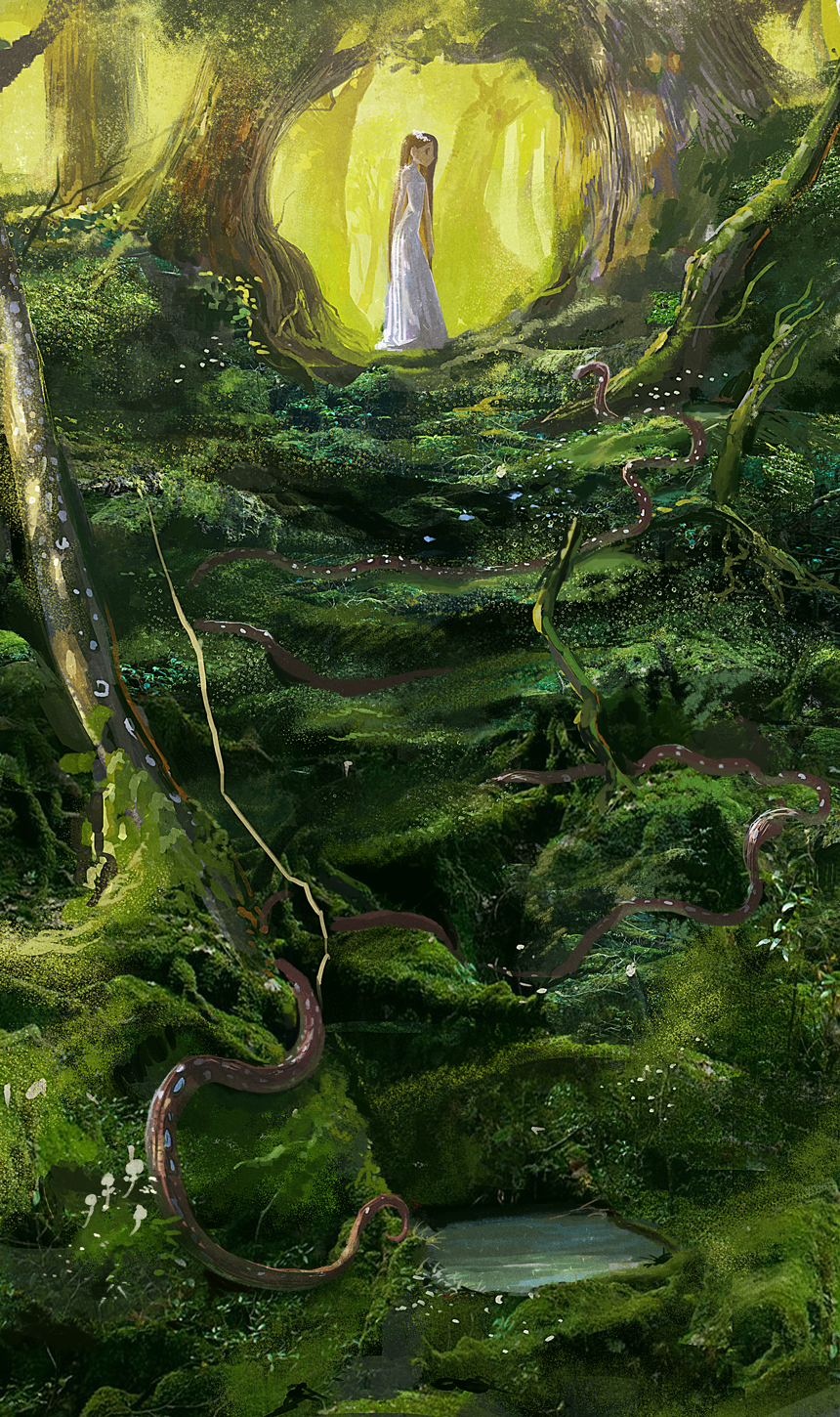 1girl bayashiko brown_hair day dress forest from_side grass highres long_dress long_hair moss nature original outdoors profile roots scenery snake solo tree very_long_hair white_dress