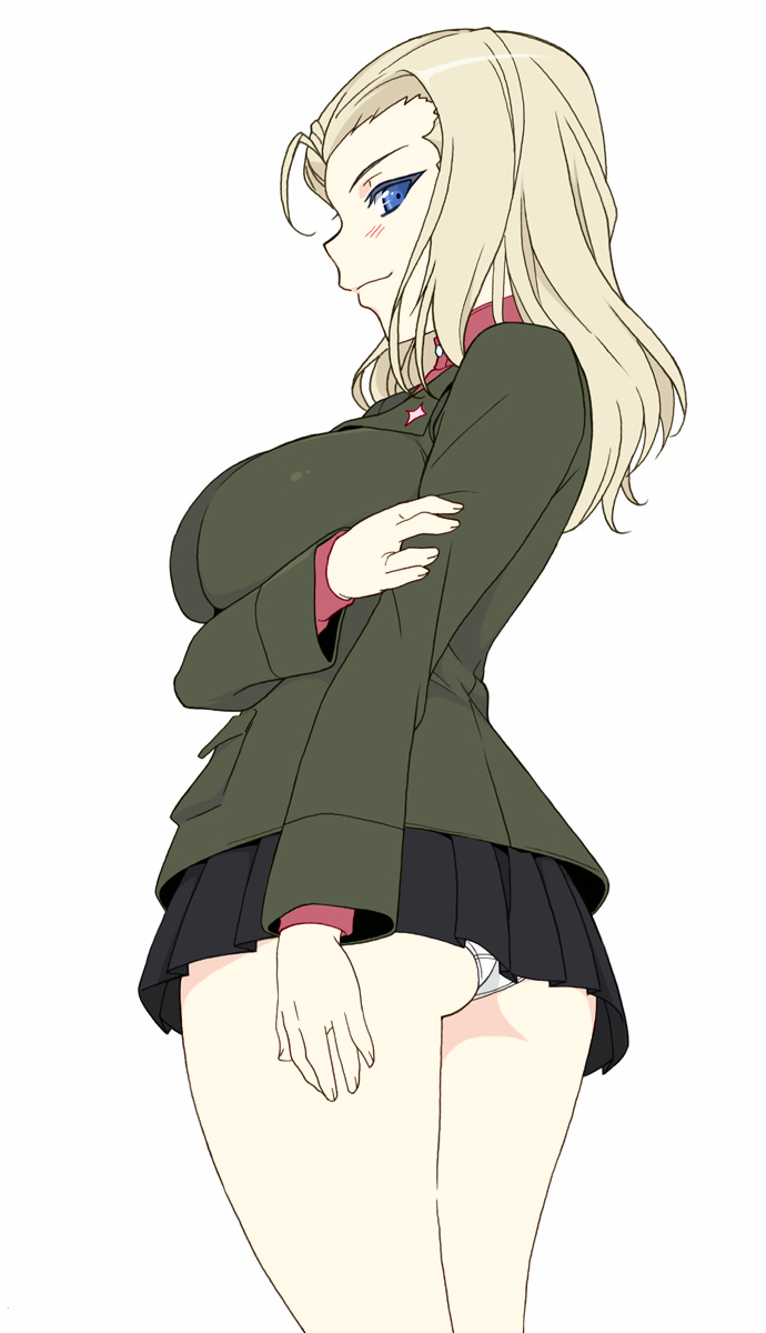 1girl black_vest blonde_hair blue_eyes clara_(girls_und_panzer) closed_mouth colorized cowboy_shot cyrillic girls_und_panzer green_jacket jacket light_smile long_hair long_sleeves looking_at_viewer military military_uniform miniskirt pleated_skirt pravda_military_uniform red_shirt russian school_uniform shichimenchou shirt skirt solo standing turtleneck uniform vest