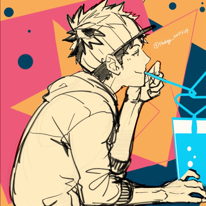 1boy crazy_straw cup drinking_straw hood hoodie looking_at_another male_focus male_protagonist_(pokemon_go) multicolored multicolored_background pokemon pokemon_go shared_drink short_hair sitting smile solo twitter_username visor_cap watari_yuu_(haskey)