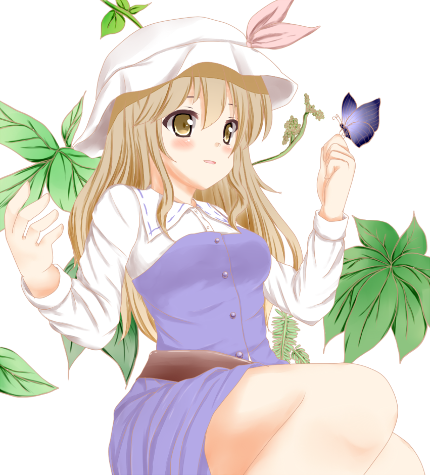 1girl belt blonde_hair blush breasts butterfly butterfly_on_hand curled_fingers dress fern hat hat_ribbon layered_dress leaf long_hair long_sleeves looking_to_the_side medium_breasts parted_lips pink_ribbon ribbon simple_background sitting solo sukusuku_hishi touhou watatsuki_no_toyohime white_background white_hat yellow_eyes yokozuwari
