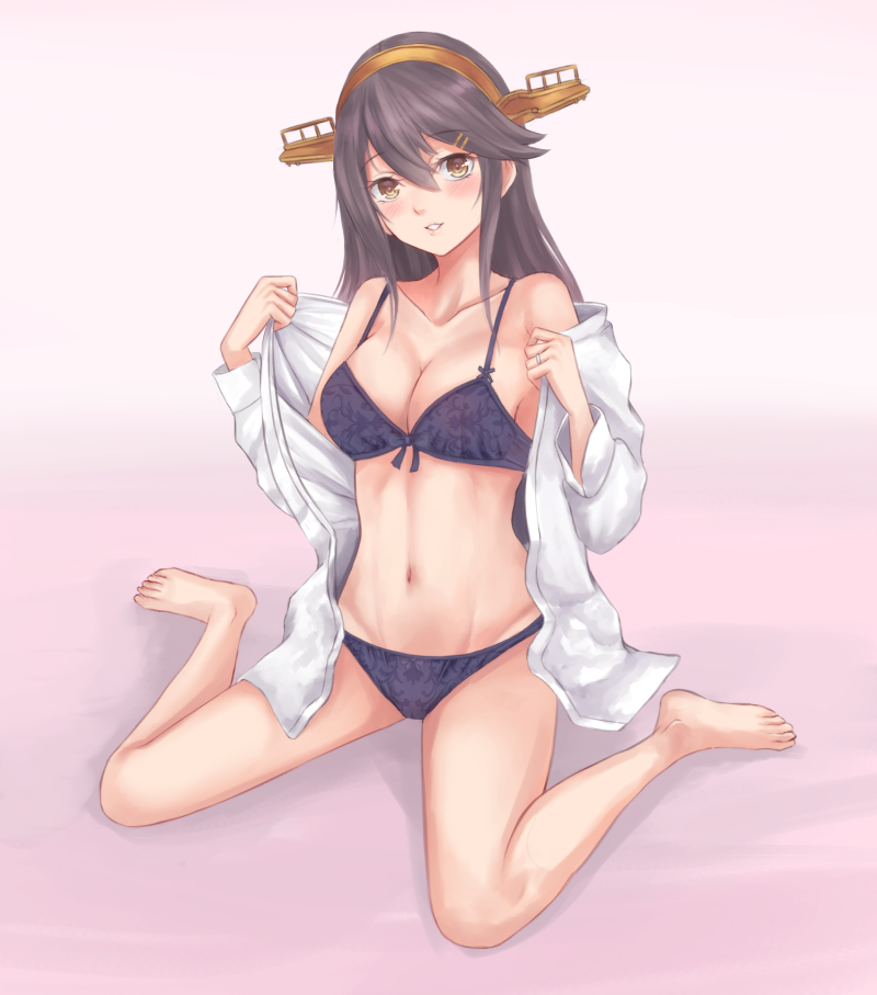 1girl bangs barefoot blush bra breasts brown_eyes brown_hair cleavage collarbone dress_shirt eyelashes gradient gradient_background haruna_(kantai_collection) headgear irohakaede jewelry kantai_collection lips long_hair looking_at_viewer navel paisley panties pink_background purple_bra purple_panties ring shirt sitting solo swept_bangs underwear undressing wedding_band