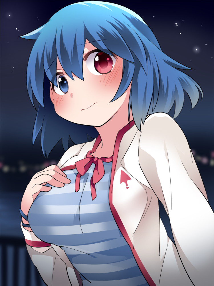 1girl alternate_costume blue_eyes blue_hair blurry blush breasts city_lights commentary depth_of_field embarrassed frown hammer_(sunset_beach) hand_on_own_chest heterochromia jacket large_breasts looking_at_viewer night open_clothes open_jacket outdoors railing red_eyes shirt short_hair sky solo star_(sky) starry_sky striped striped_shirt tatara_kogasa touhou water white_jacket