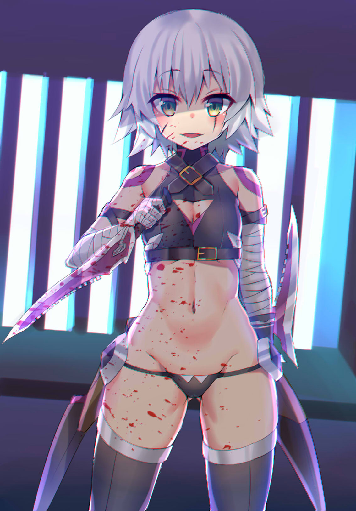 1girl assassin_of_black backlighting bandage bandaged_arm bangs bare_shoulders black_legwear black_panties blood blood_on_face blood_splatter blush buckle cleavage_cutout cowboy_shot crop_top dagger dual_wielding eyebrows_visible_through_hair facial_scar fate/apocrypha fate_(series) flat_chest gluteal_fold google_(asdek18) green_eyes groin highres holding holding_weapon legs_apart looking_at_viewer lowleg lowleg_panties navel panties reverse_grip scar scar_across_eye short_hair shoulder_tattoo silver_hair sleeveless solo standing stomach tattoo thigh-highs underwear weapon