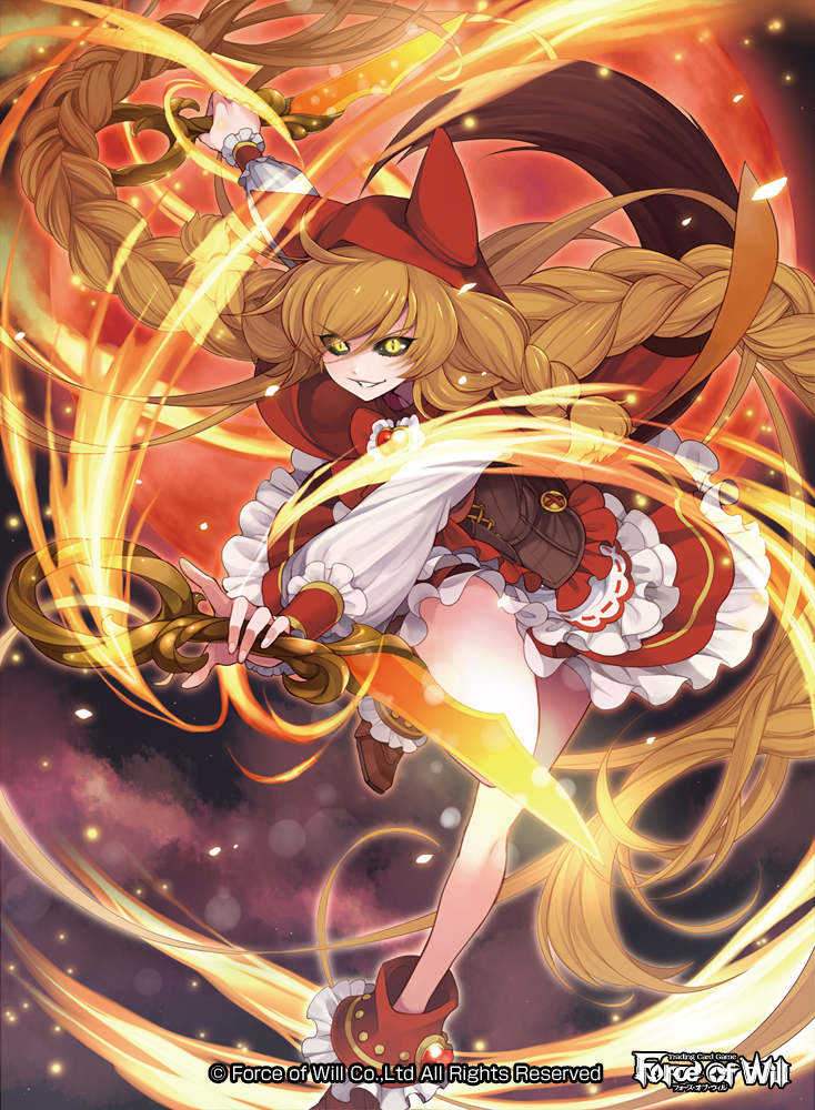 1girl black_sclera blonde_hair bow bowtie braid copyright_name dagger fire force_of_will hood long_hair moon night official_art solo sparkle tail teeth twin_braids weapon wolf_tail yellow_eyes