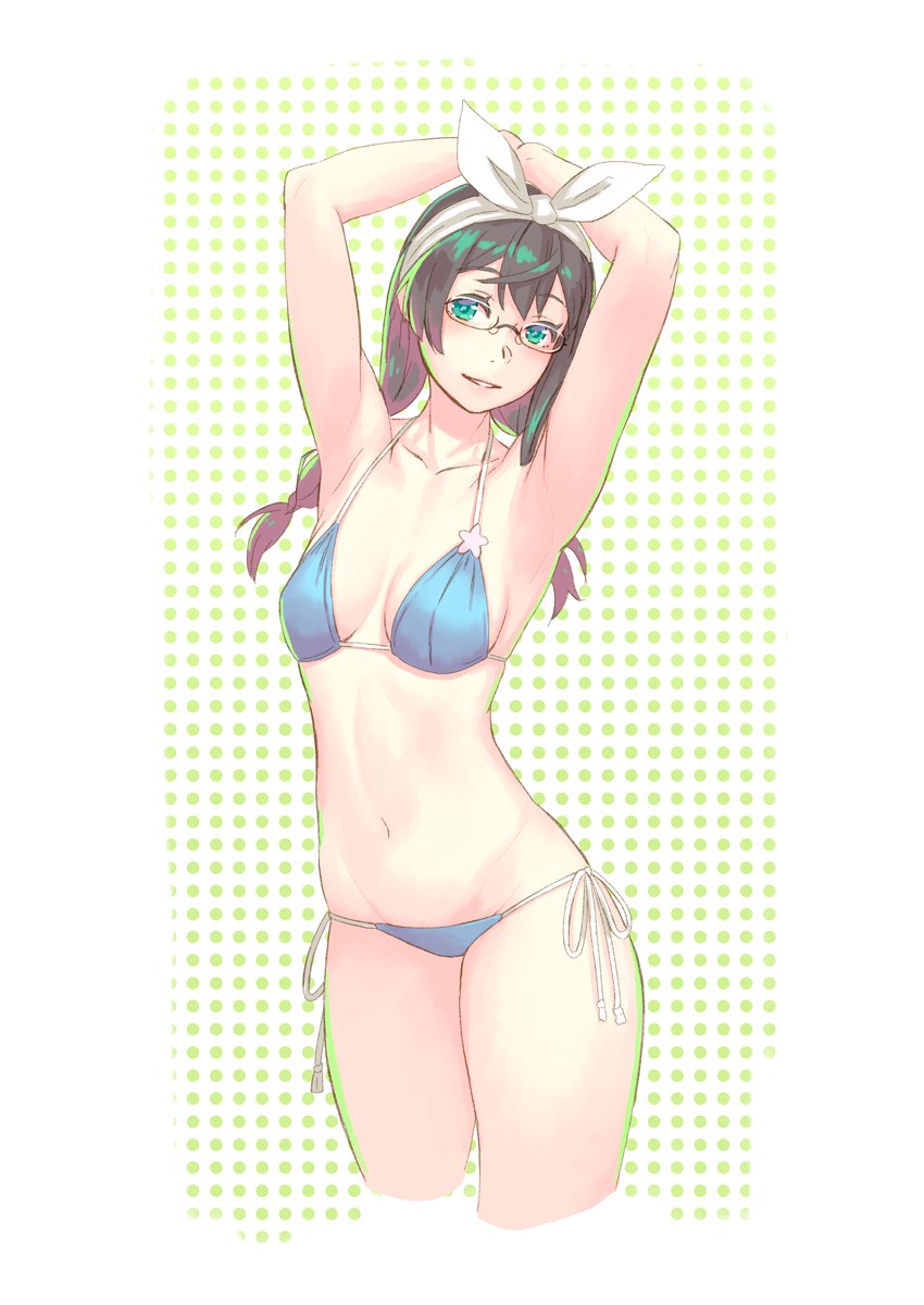 1girl alternate_costume armpits arms_up bikini black_hair blue_bikini blush breasts collarbone cowboy_shot cropped_legs glasses green_eyes hairband halter_top halterneck highres kantai_collection long_hair looking_at_viewer low_twintails navel ooyodo_(kantai_collection) parted_lips rimless_glasses side-tie_bikini small_breasts smile solo stomach swimsuit twintails yuuji_(and)