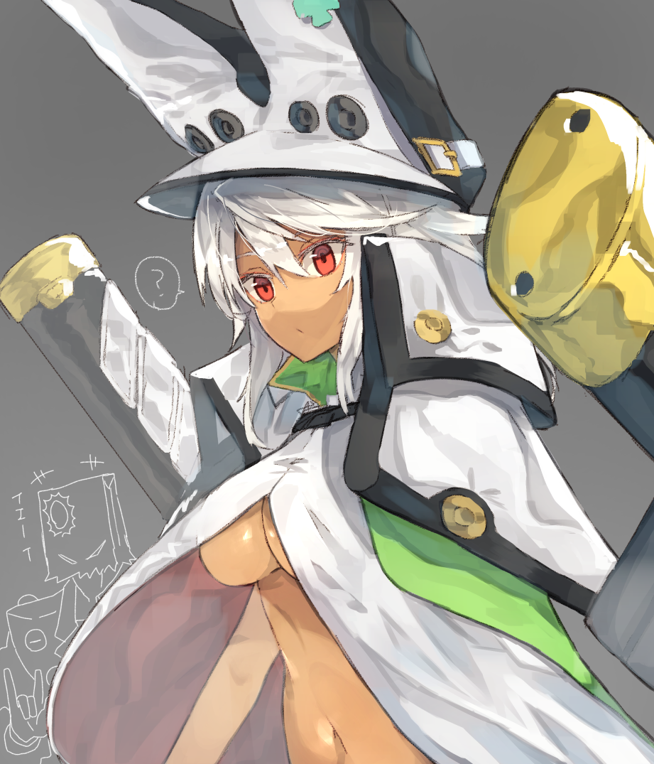 1girl ? breasts cape dark_skin faust_(guilty_gear) grey_background guilty_gear guilty_gear_xrd hat kasuka_(kusuki) long_hair looking_at_viewer medium_breasts navel popped_collar ramlethal_valentine red_eyes short_hair solo under_boob upper_body white_hair
