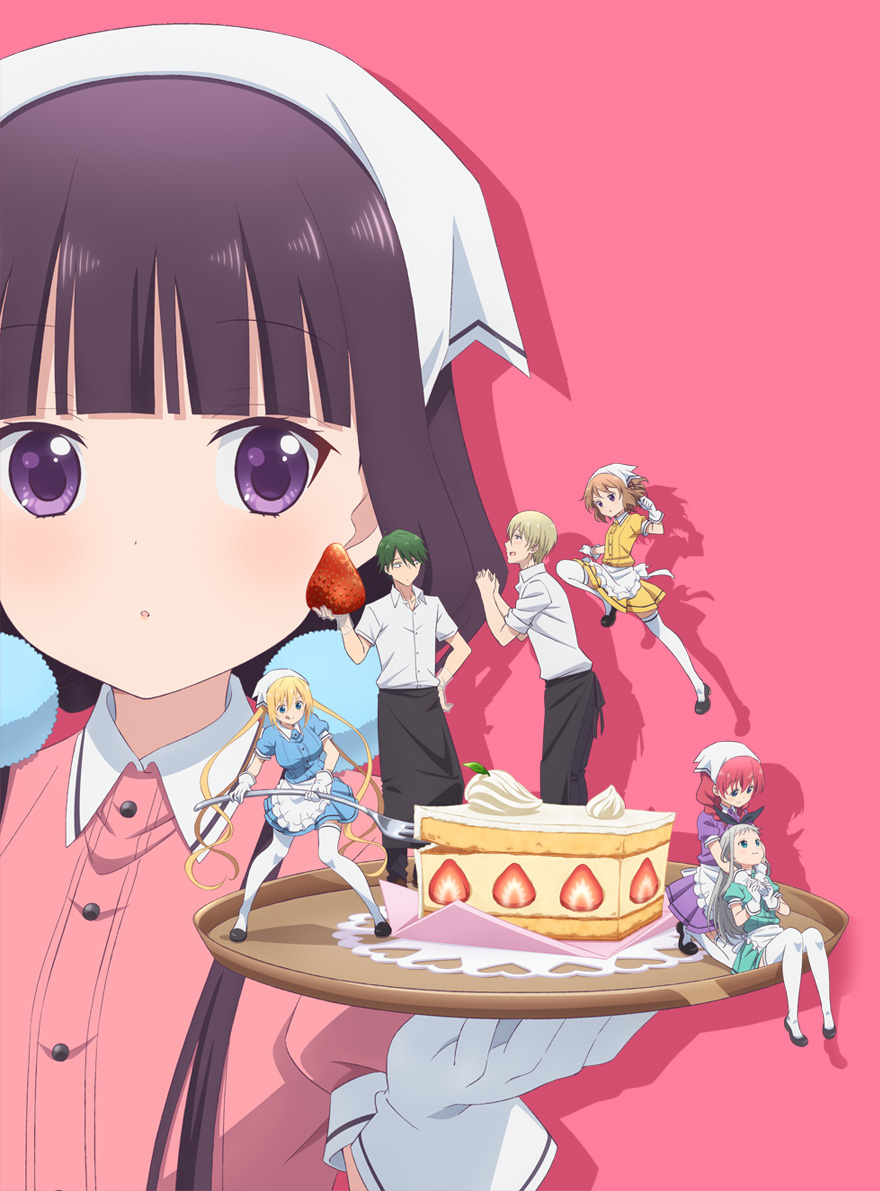 2boys 5girls apron black_hair blend_s blonde_hair blue_eyes brown_hair cake food fork gloves green_hair hair_ornament key_visual low_twintails multiple_boys multiple_girls official_art open_mouth redhead sakuranomiya_maika shadow shirt smile thigh-highs twintails violet_eyes waist_apron white_legwear white_shirt