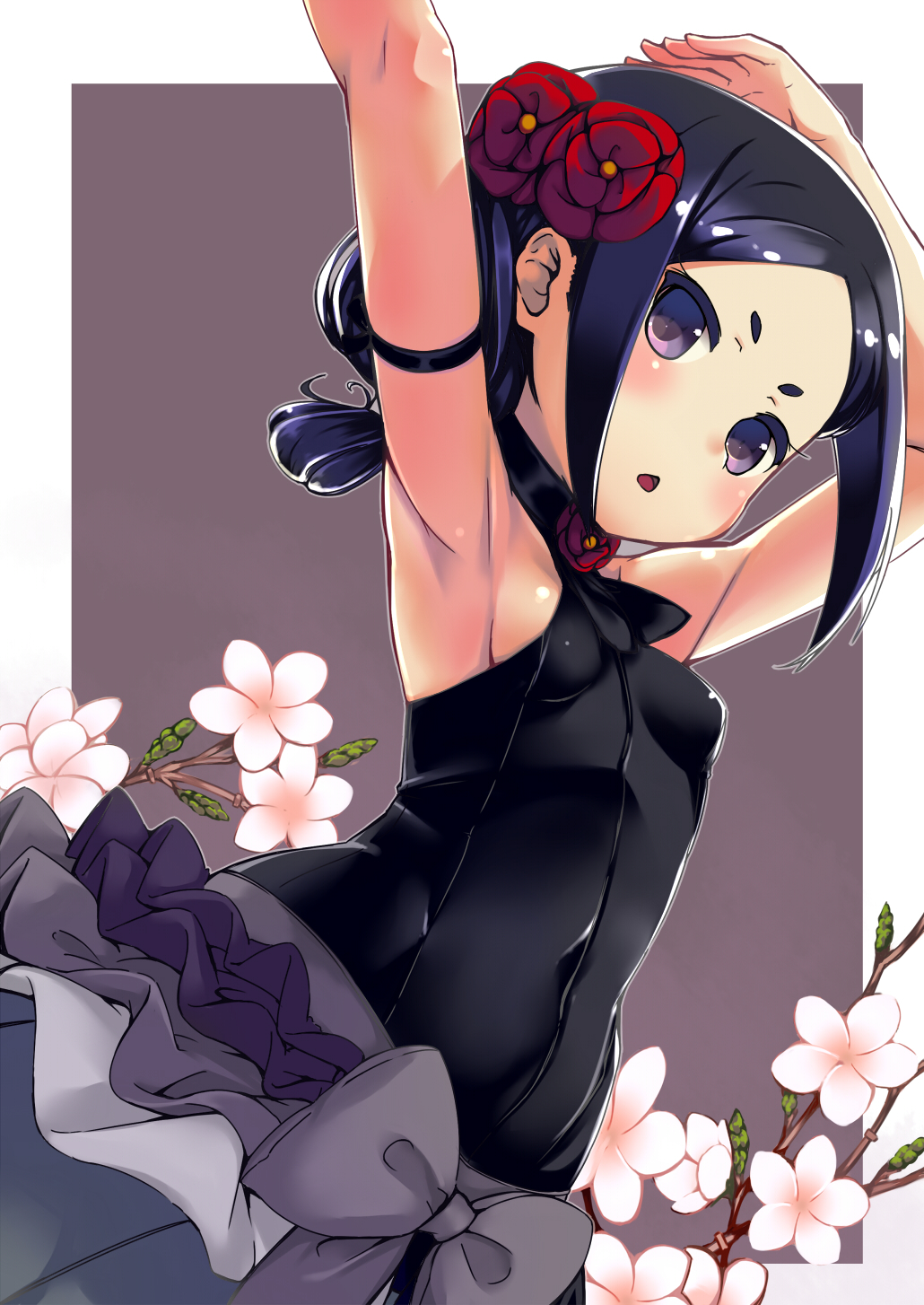 1girl arm_strap armpits arms_up bangs black_hair black_shirt blush border breasts brown_background cherry_blossoms chise_(princess_principal) commentary_request covered_navel floral_background flower gigokku hair_flower hair_ornament highres outside_border parted_bangs princess_principal shirt sleeveless sleeveless_shirt small_breasts solo thick_eyebrows triangle_mouth violet_eyes