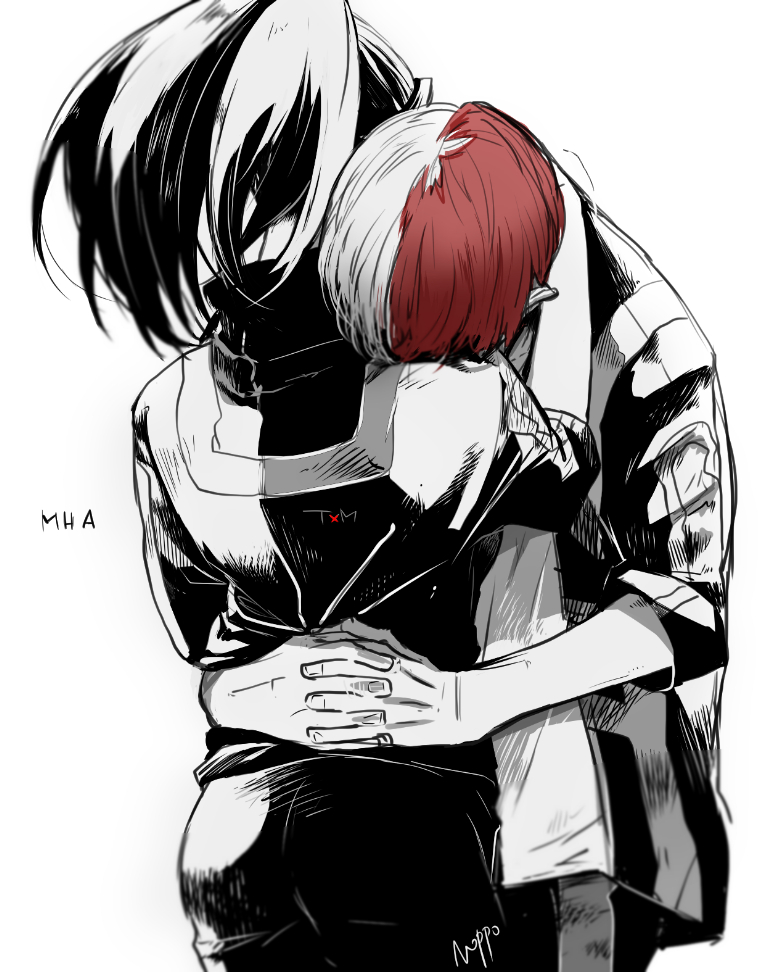 1boy 1girl artist_name back black_hair boku_no_hero_academia breasts center_opening from_behind gradient_hair greyscale hug jacket monochrome multicolored_hair noppo pants ponytail shirt simple_background sleeves_rolled_up todoroki_shouto track_jacket track_pants two-tone_hair white_background yaoyorozu_momo