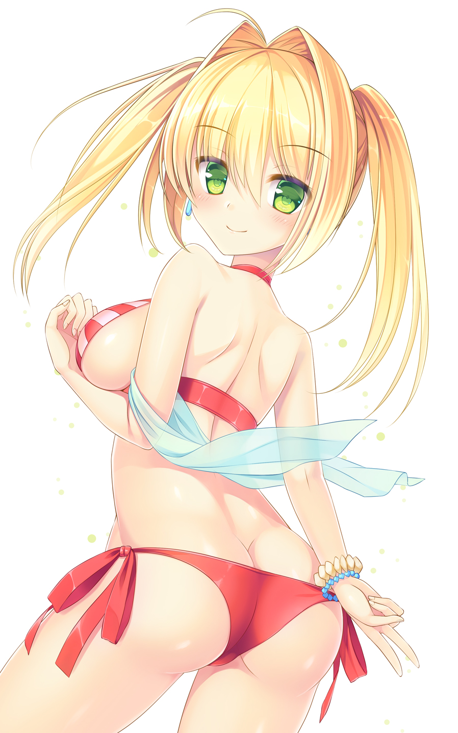 1girl ahoge ass bikini blonde_hair blush bracelet breasts closed_mouth earrings eyebrows_visible_through_hair fate/grand_order fate_(series) from_behind green_eyes highres jewelry long_hair looking_at_viewer looking_back medium_breasts nero_claudius_(swimsuit_caster)_(fate) saber_extra side-tie_bikini sideboob simple_background smile solo standing striped striped_bikini swimsuit twintails umitonakai white_background