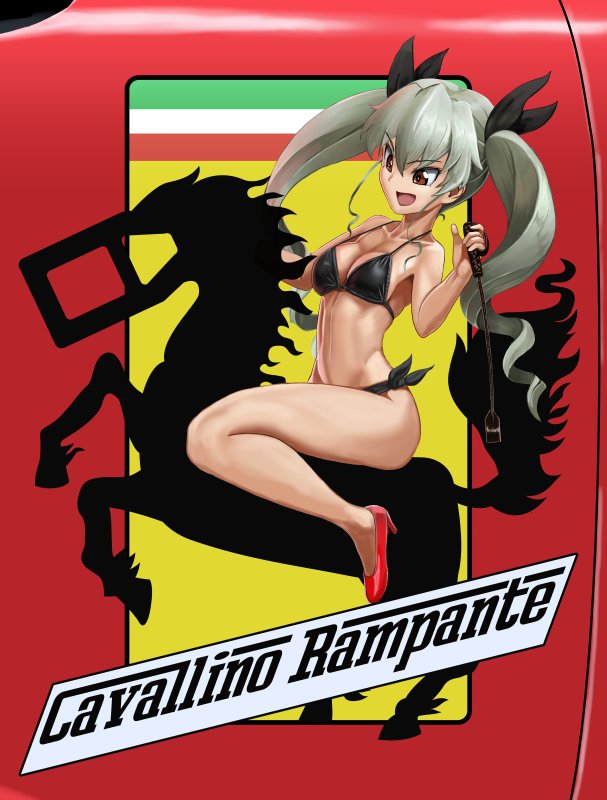 1girl abazu-red anchovy bangs bikini black_ribbon breasts cleavage commentary_request decal drill_hair flag_print girls_und_panzer green_hair hair_ribbon high_heels horse italian italian_flag long_hair medium_breasts open_mouth red_background red_eyes red_shoes ribbon riding riding_crop shoes side-tie_bikini silhouette sitting smile solo swimsuit twin_drills twintails