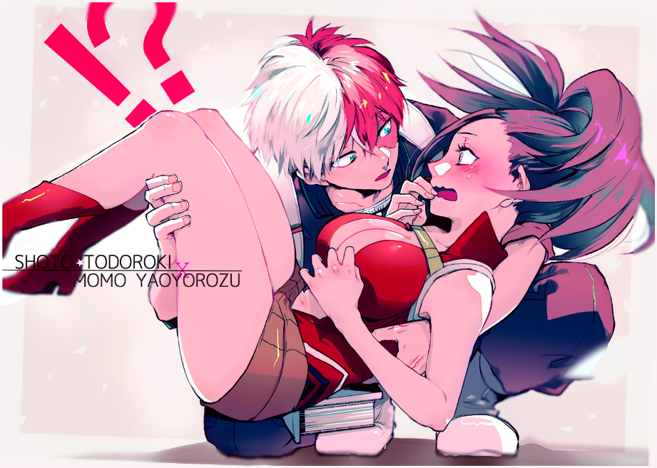 !? 1boy 1girl black_hair blue_eyes blush boku_no_hero_academia boots breasts carrying center_opening character_name cleavage gradient_hair green_eyes hetero heterochromia large_breasts looking_at_another multicolored_hair navel noppo open_mouth ponytail princess_carry redhead sideburns sweatdrop todoroki_shouto two-tone_hair wavy_mouth white_hair yaoyorozu_momo