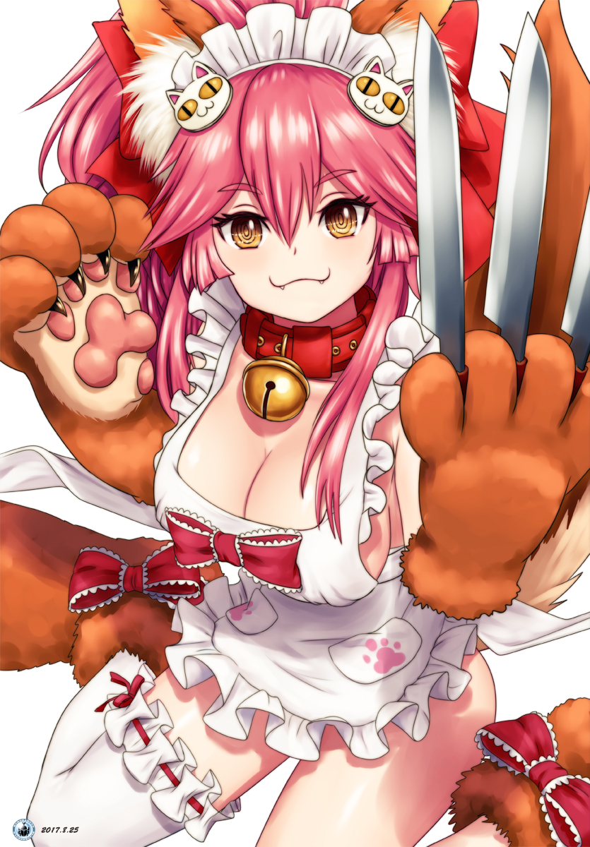 1girl :3 @_@ animal_ears apron bell bell_collar breasts cleavage collar fangs fate/grand_order fate_(series) fox_ears fox_tail hair_ribbon highres knife kurokabuto_(black_beetle) large_breasts long_hair looking_at_viewer maid_headdress naked_apron paws pink_hair ribbon sideboob simple_background single_thighhigh solo tail tamamo_(fate)_(all) tamamo_cat_(fate) thigh-highs white_background white_legwear yellow_eyes