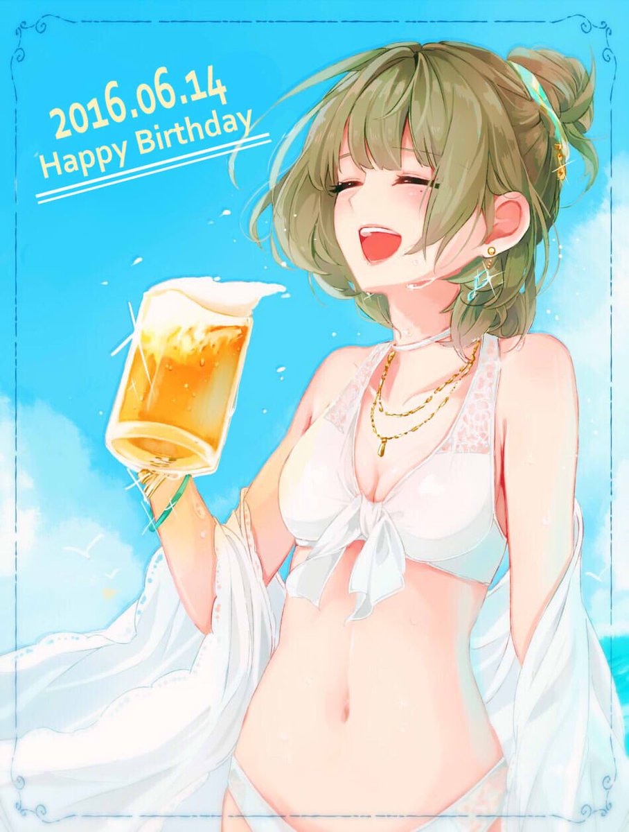 bikini closed_eyes green_hair idolmaster idolmaster_cinderella_girls short_hair takagaki_kaede