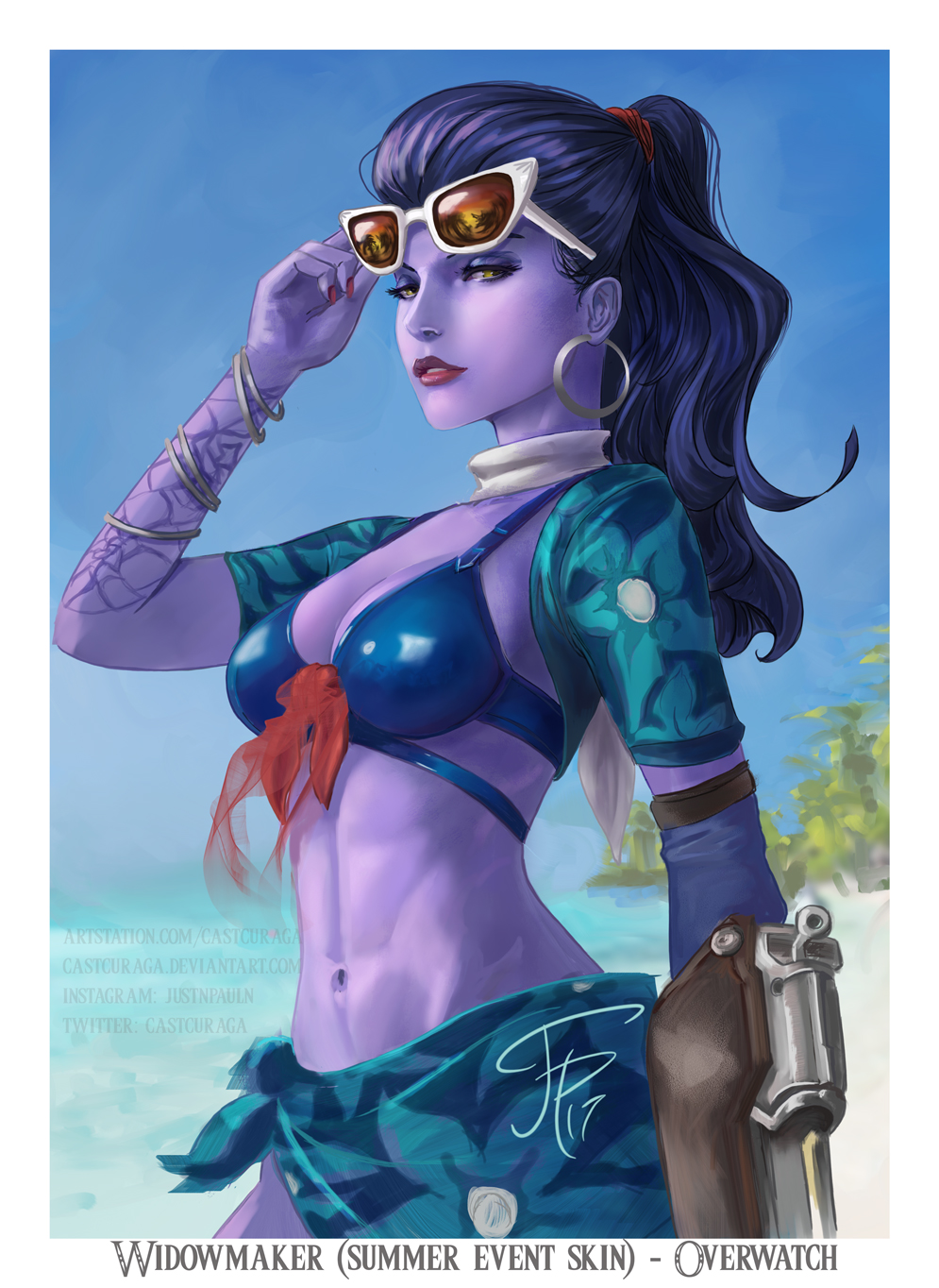 1girl adjusting_sunglasses alternate_costume arm_tattoo beach bikini blue_bikini blue_sky blurry blurry_background bracelet breasts character_name copyright_name cote_d'azur_widowmaker day earrings eyelashes eyeliner eyeshadow floral_print front-tie_bikini front-tie_top gun highres holding holding_gun holding_weapon hoop_earrings jewelry justin_paul lips long_hair looking_at_viewer makeup medium_breasts nail_polish navel nose overwatch parted_lips print_sarong purple_hair purple_lips purple_nails purple_skin reflection rifle sarong shiny shiny_clothes shore short_sleeves signature sky smile sniper_rifle solo sunglasses sunglasses_on_head swimsuit tattoo upper_body watermark weapon web_address white_border widowmaker_(overwatch) yellow_eyes