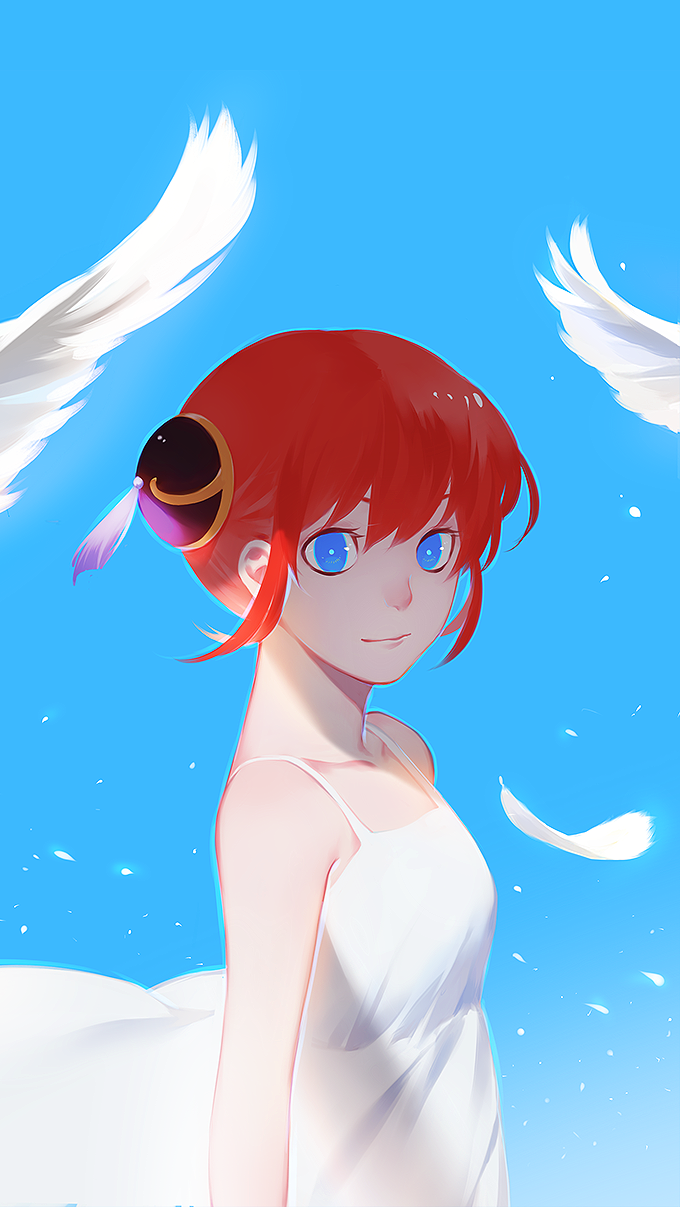 1girl blue_eyes breasts bun_cover dress gintama highres kagura_(gintama) maosen orange_hair short_hair solo