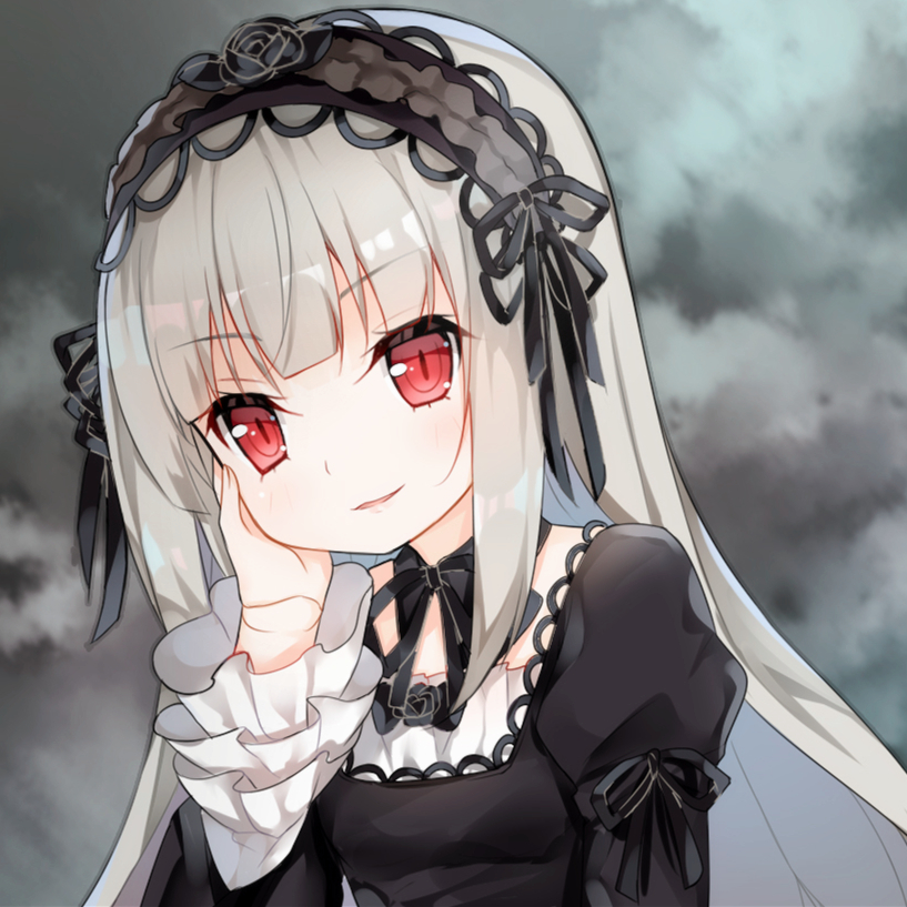 1girl bangs black_ribbon blunt_bangs clouds cloudy_sky commentary_request detached_collar doll_joints eyebrows_visible_through_hair frilled_sleeves frills gothic_lolita grey_hair hairband hand_on_own_cheek head_tilt lolita_fashion lolita_hairband long_hair looking_at_viewer parted_lips red_eyes ribbon rozen_maiden sky slit_pupils smile solo suigintou tengxiang_lingnai tsurime
