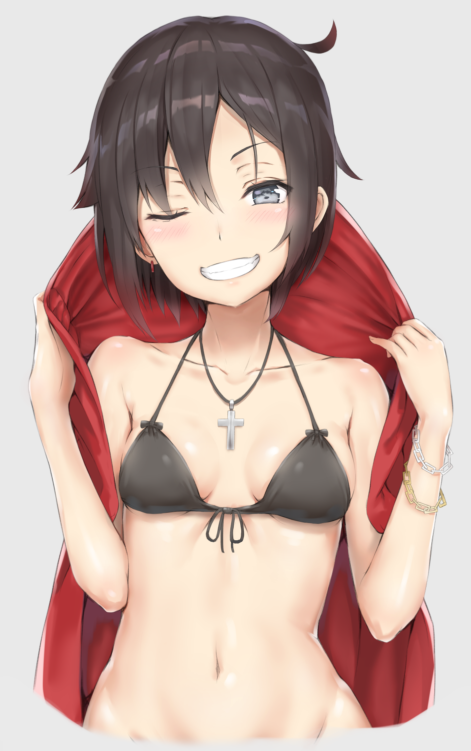 1girl ;) black_hair breasts chains collarbone cross cross_necklace front-tie_bikini front-tie_top grey_background grey_eyes grin half-closed_eye halter_top halterneck hand_up highres jewelry navel necklace one_eye_closed parted_lips reinama ruby_rose rwby simple_background small_breasts smile solo teeth upper_body