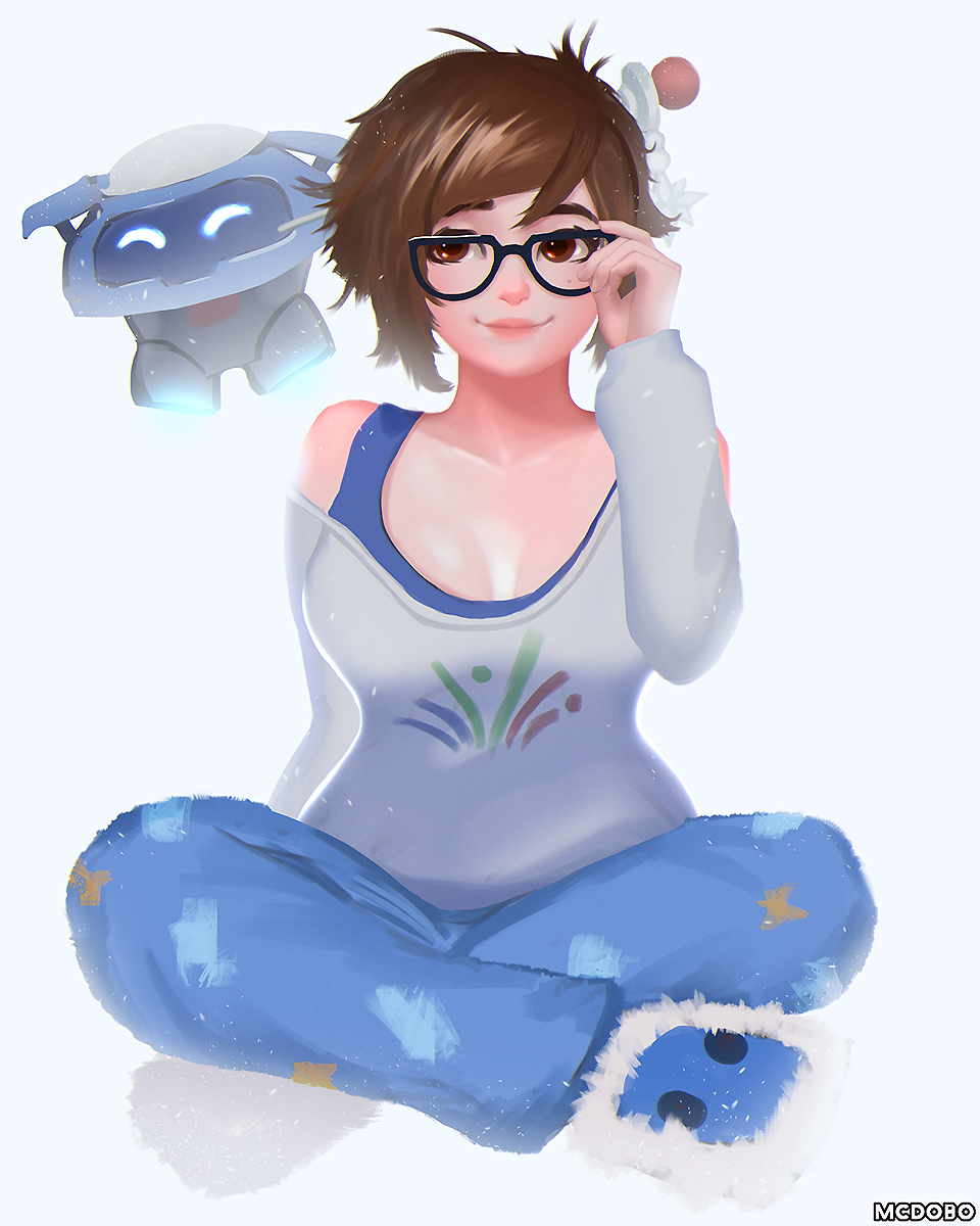 1girl adjusting_glasses alternate_costume arm_at_side black-framed_eyewear blue_pants blue_shirt breasts brown_eyes brown_hair casual collarbone full_body fur_trim glasses hair_bun hair_ornament hair_stick highres indian_style light_smile long_sleeves looking_at_viewer mcdobo medium_breasts mei_(overwatch) off_shoulder overwatch pants print_shirt robot shirt short_hair simple_background sitting slippers snowball_(overwatch) snowflake_hair_ornament solo tank_top white_background white_shirt