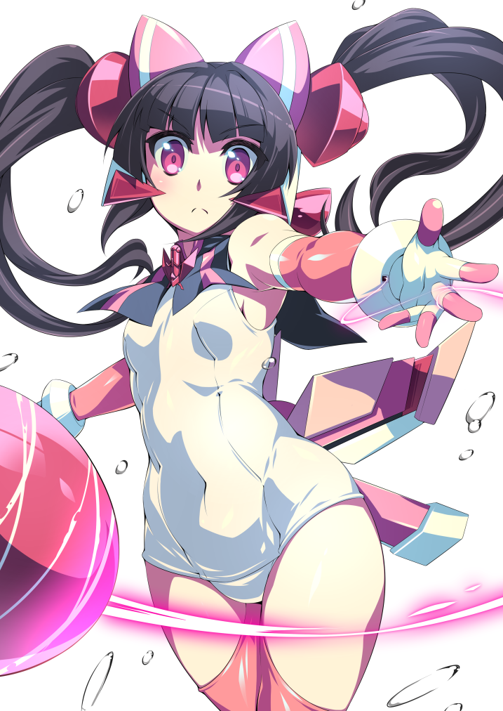 1girl adapted_costume armpits black_hair collar commentary_request covered_navel elbow_gloves frown gloves gummyrise headpiece looking_at_viewer outstretched_arm pink_eyes pink_legwear school_swimsuit senki_zesshou_symphogear solo swimsuit thigh-highs tsukuyomi_shirabe twintails water_drop white_school_swimsuit white_swimsuit yo-yo