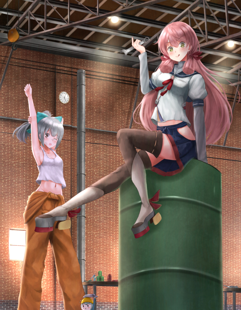 &gt;:q 2girls :q akashi_(kantai_collection) arm_up barrel bow brick_wall brown_eyes cargo_hook ceiling_light clock drum_(container) ductwork fairy_(kantai_collection) green_bow green_eyes hair_bow hair_ribbon high_heels hip_vent irohakaede kantai_collection long_hair looking_at_viewer multiple_girls navel on_barrel outstretched_leg pink_hair ponytail rafters red_ribbon ribbon rudder_shoes silver_hair sitting smudge sretching table tank_top thigh-highs tied_hair tied_overalls tongue tongue_out tress_ribbon very_long_hair warehouse wrench yuubari_(kantai_collection) zettai_ryouiki