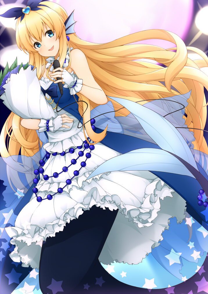 1girl :d bangs bare_shoulders beads bermuda_cadet_riviere black_ribbon blonde_hair blue_dress blue_eyes bouquet breasts cable cardfight!!_vanguard choker commentary_request dress earrings fingerless_gloves floating_hair flower frilled_choker frills from_below gem gloves hair_between_eyes hair_ribbon head_fins heart holding holding_bouquet holding_microphone jampen jewelry layered_dress leaf long_dress long_hair looking_at_viewer medium_breasts mermaid microphone monster_girl open_mouth purple_flower ribbon see-through sidelocks smile solo star strapless strapless_dress very_long_hair white_choker white_dress white_gloves wrist_cuffs