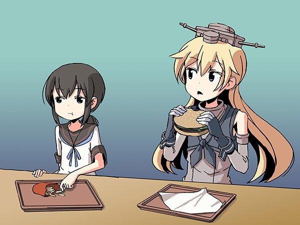 2girls adrian_ferrer alternate_breast_size black_hair blonde_hair commentary eating elbow_gloves flat_chest food food_in_mouth french_fries front-tie_top fubuki_(kantai_collection) gloves gradient gradient_background hamburger headgear iowa_(kantai_collection) kantai_collection long_hair low_ponytail multicolored multicolored_clothes multicolored_gloves multiple_girls open_mouth school_uniform serafuku tray