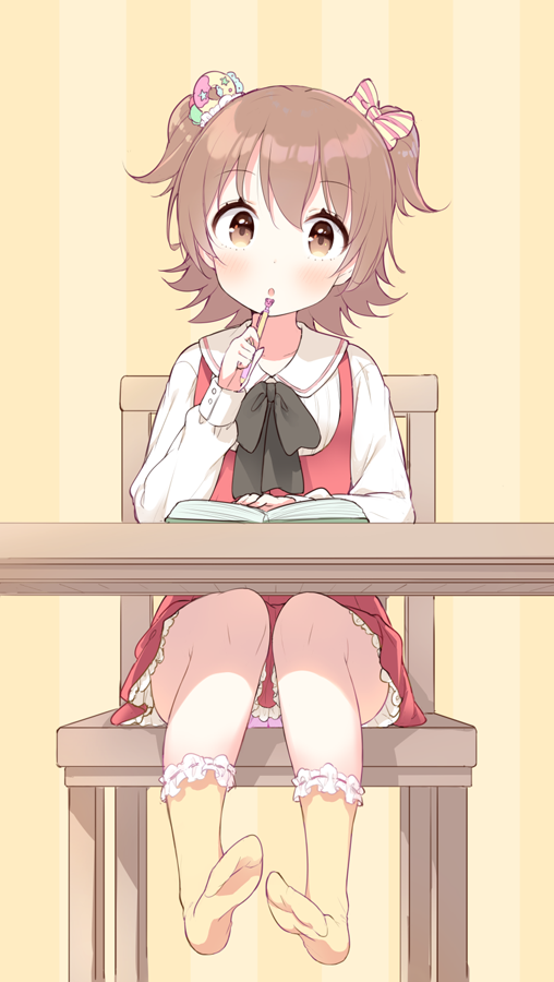 1girl :o akagi_miria black_bow black_ribbon blush book bow brown_eyes brown_hair chair dress food_themed_hair_ornament hair_bow hair_ornament idolmaster idolmaster_cinderella_girls jpeg_artifacts legs no_shoes open_book panties pencil pink_panties red_dress ribbon sitting solo striped striped_bow table two_side_up underwear vertical-striped_background vertical_stripes yazawa_oke yellow_background yellow_bow yellow_legwear