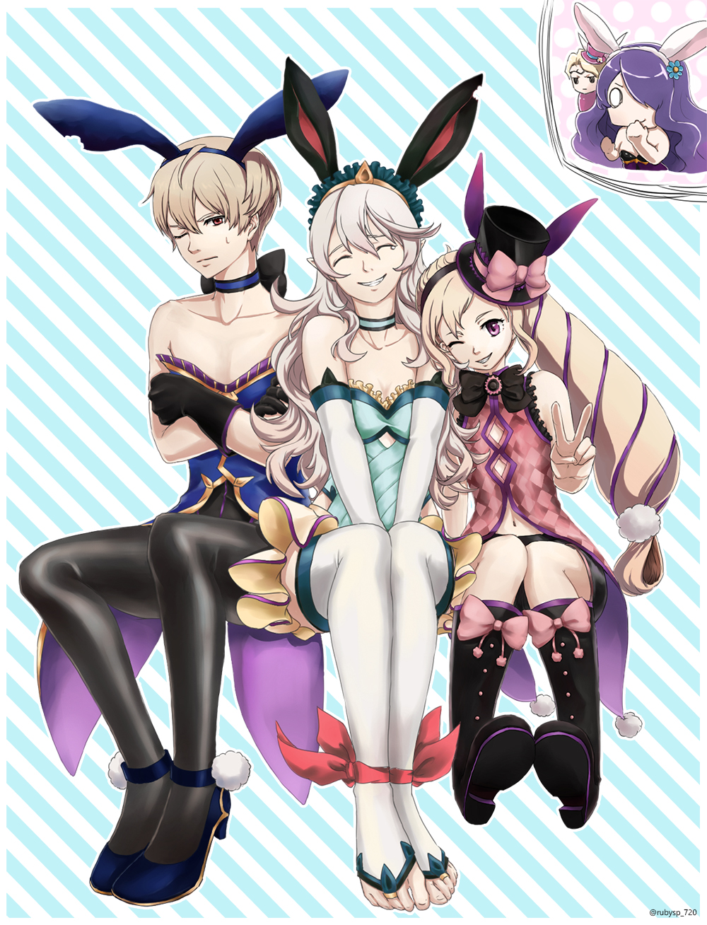 2boys animal_ears armor blonde_hair bow bowtie breasts brother_and_sister brothers bunny_girl bunny_tail bunnysuit camilla_(fire_emblem_if) cape chibi closed_eyes detached_collar elise_(fire_emblem_if) fake_animal_ears female_my_unit_(fire_emblem_if) fire_emblem fire_emblem_heroes fire_emblem_if fishnet_pantyhose fishnets hair_over_one_eye hairband highres leon_(fire_emblem_if) leotard long_hair looking_at_viewer marks_(fire_emblem_if) multiple_boys my_unit_(fire_emblem_if) open_mouth pantyhose ponytail rabbit_ears red_eyes siblings sisters smile tail twintails wrist_cuffs