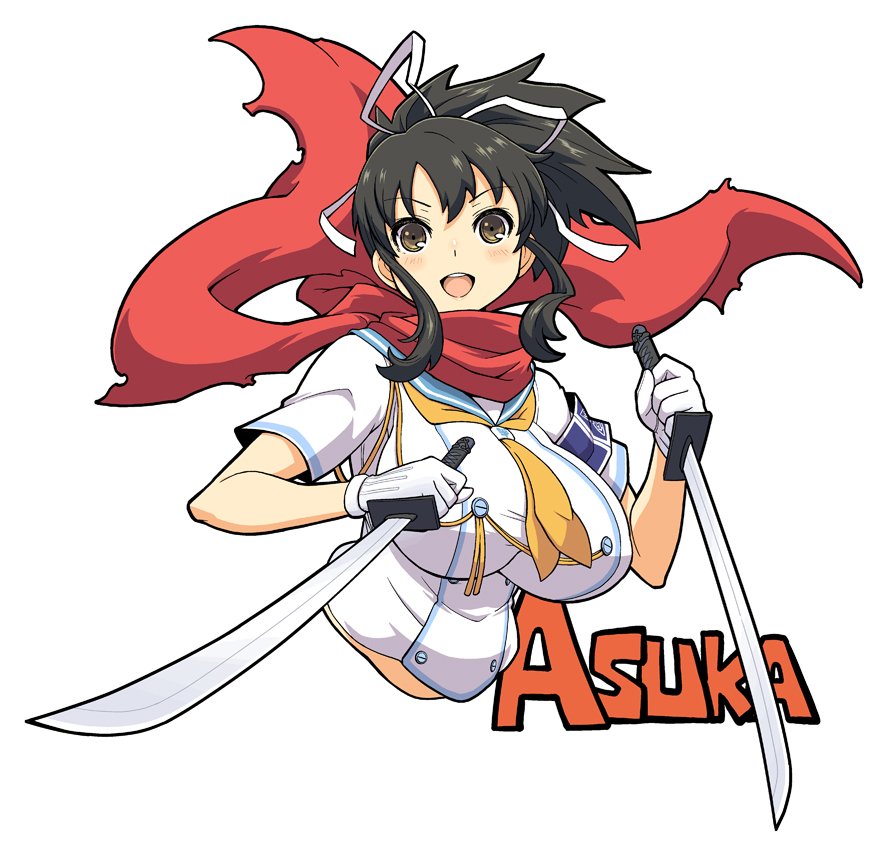 1girl asuka_(senran_kagura) blush breasts brown_eyes brown_hair dual_wielding gloves haganemaru_kennosuke hair_ribbon large_breasts long_hair looking_at_viewer open_mouth ponytail ribbon scarf senran_kagura senran_kagura_(series) short_sleeves smile solo sword weapon