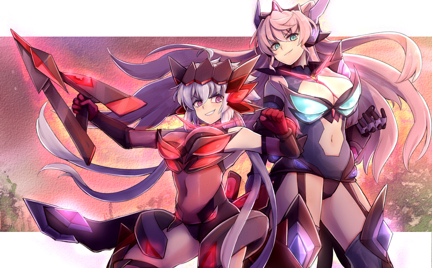 2girls ahoge blue_eyes blush breasts cleavage cleavage_cutout covered_navel garter_straps glowing gun headgear holding holding_gun holding_weapon ignite_module large_breasts leotard long_hair looking_at_viewer maria_cadenzavna_eve multiple_girls navel_cutout pink_hair senki_zesshou_symphogear silver_hair smile teeth thigh-highs twintails very_long_hair violet_eyes weapon yude yukine_chris