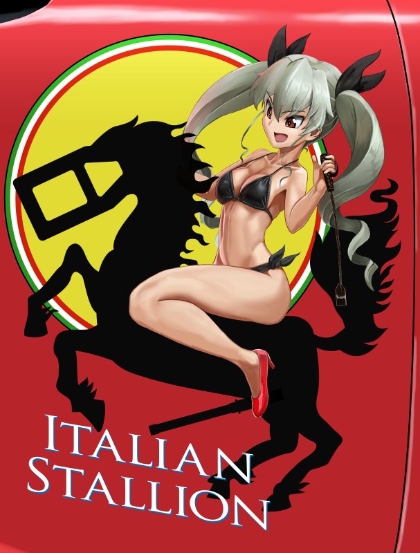 1girl abazu-red anchovy bangs bikini black_ribbon breasts cleavage commentary_request decal drill_hair english flag_print girls_und_panzer green_hair hair_ribbon high_heels horse italian_flag long_hair medium_breasts open_mouth red_background red_eyes red_shoes ribbon riding riding_crop shoes side-tie_bikini silhouette sitting smile solo swimsuit twin_drills twintails