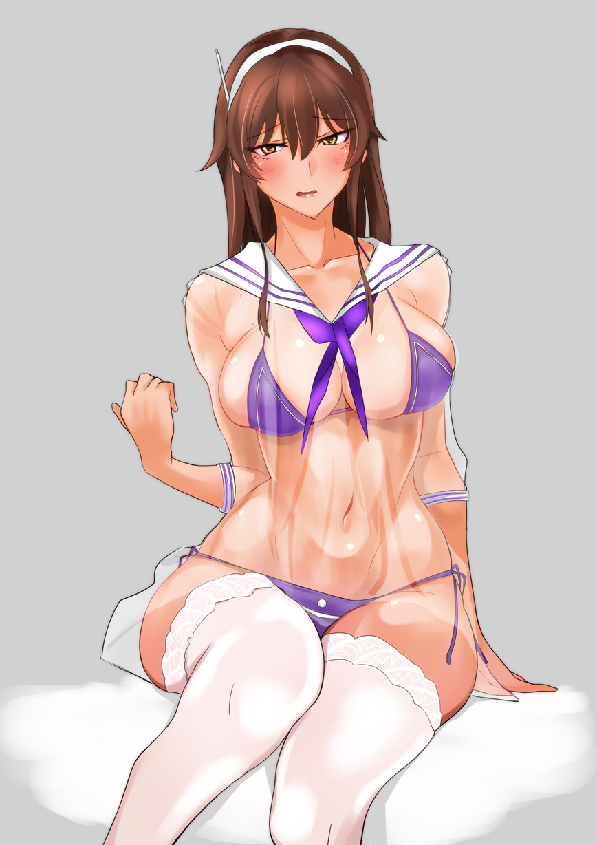 1girl ashigara_(kantai_collection) blush breasts brown_eyes brown_hair cleavage dress hairband highres kantai_collection large_breasts long_hair looking_at_viewer navel parted_lips sailor_dress see-through sitting solo thigh-highs webslinger white_legwear