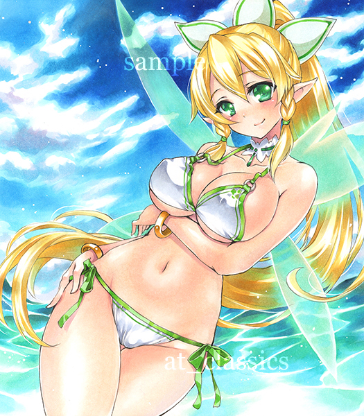 1girl artist_name at_classics bangs bikini blonde_hair blue_sky blush bracelet breast_hold breasts closed_mouth clouds cloudy_sky cowboy_shot day erect_nipples eyebrows_visible_through_hair fairy_wings green_eyes groin hair_between_eyes hand_on_hip jewelry large_breasts leafa long_hair looking_at_viewer navel outdoors pointy_ears ponytail sample side-tie_bikini sidelocks sky smile solo stomach swimsuit sword_art_online thigh_gap traditional_media very_long_hair water watermark wings