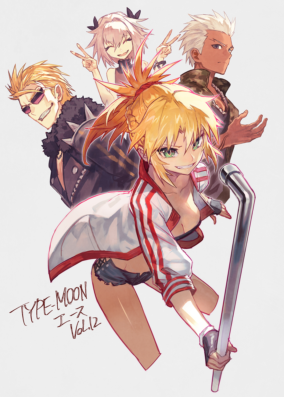 1girl 3boys ^_^ ^o^ archer bare_shoulders blonde_hair breasts cleavage closed_eyes dark_skin double_v fate/apocrypha fate/grand_order fate/stay_night fate_(series) fingerless_gloves gloves green_eyes grin highres jacket lack looking_at_viewer midriff multiple_boys pink_hair pipe pointy_ears rider_of_black saber_of_red sakata_kintoki_(fate/grand_order) sakata_kintoki_rider_(fate/grand_order) shorts smile sunglasses trap v white_hair
