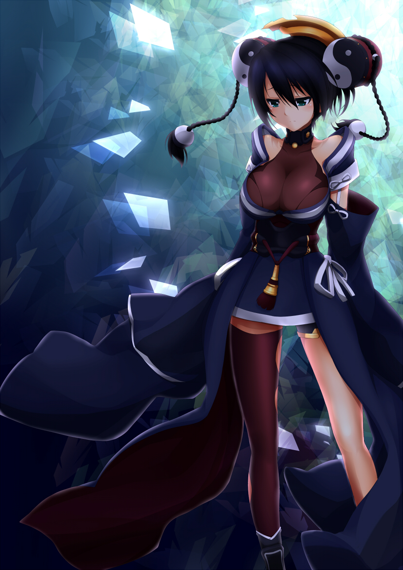 1girl aqua_background ar_tonelico arms_at_sides bangs black_clothes black_hair blue_background braid breasts brown_legwear closed_mouth collarbone commentary_request detached_sleeves floating_hair green_eyes hair_between_eyes half-closed_eyes halterneck headgear jampen japanese_clothes large_breasts long_hair looking_down misha_arsellec_lune ribbon single_thighhigh sleeves_past_wrists solo standing tassel thigh-highs twin_braids white_ribbon wide_sleeves wind yin_yang
