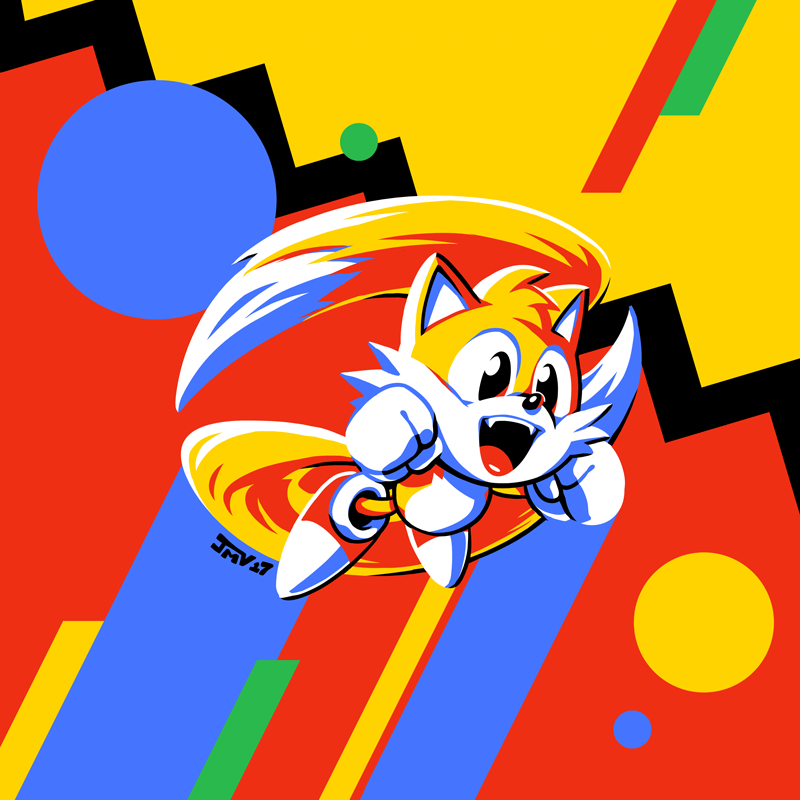 90s animal_ears clenched_hands commentary fangs flat_color flying fox_ears gloves kaigetsudo miles_tails_prower motion_blur multiple_tails nose open_mouth retro shoes sneakers solo sonic_mania sonic_the_hedgehog tail tails_(sonic) white_gloves