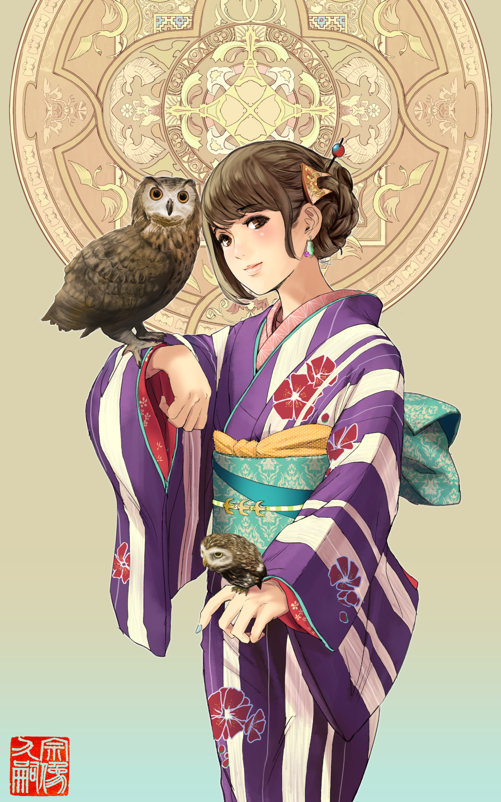 1girl animal animal_on_shoulder arm_up bird bird_on_shoulder blue_nails brown_eyes brown_hair closed_mouth commentary_request earrings eyebrows_visible_through_hair fingernails floral_print hair_ornament hair_stick highres japanese_clothes jewelry kimono long_sleeves looking_at_viewer munakata_(hisahige) nail_polish owl purple_kimono sash short_hair solo standing wide_sleeves