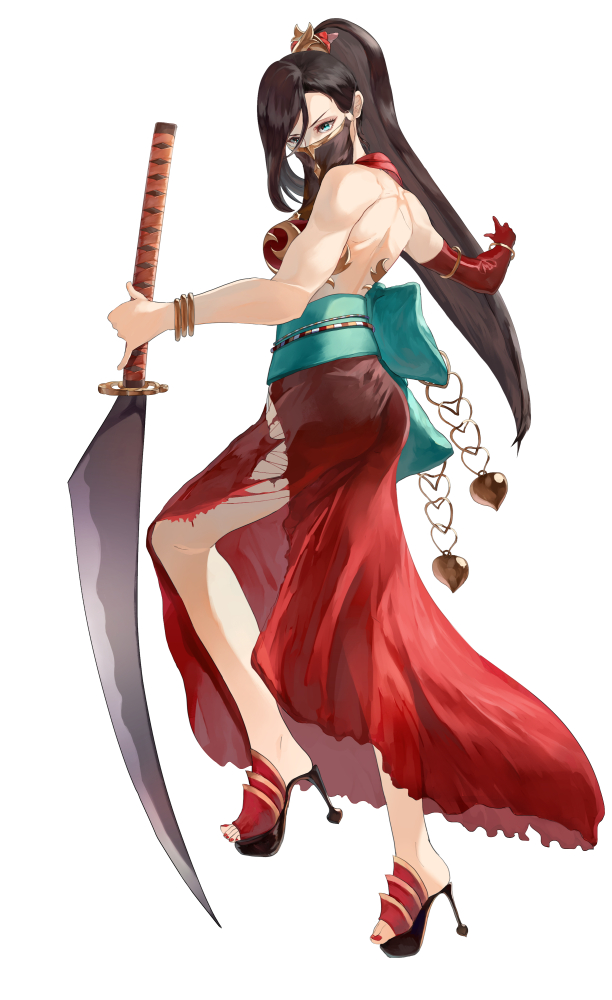1girl bangle black_hair blue_eyes bracelet breasts caravan_stories dress elbow_glove foreshortening full_body high_heels jewelry long_hair looking_at_viewer medium_breasts nail_polish open-back_dress ponytail red_dress red_glove red_nails remo_(iwashy) standing standing_on_one_leg sword torn_clothes veil weapon