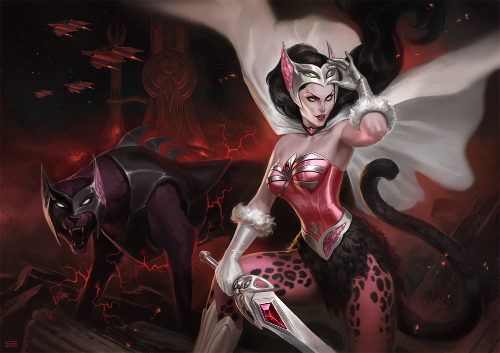 1girl armor black_hair cape cat_tail catra fur_trim gem gloves green_eyes long_hair mask mask_on_head masters_of_the_universe night night_sky panther ponytail simon_eckert sky solo sword tail teeth upper_body weapon