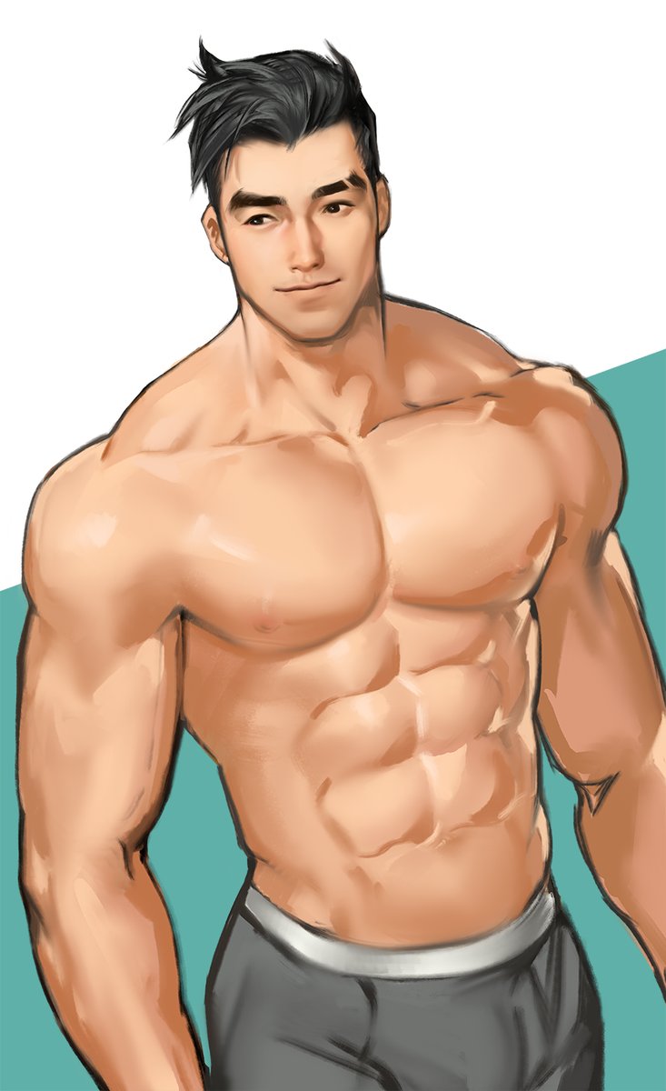 1boy abs black_eyes black_hair collarbone craig_cahn dream_daddy:_a_dad_dating_simulator eyebrows highres jang_ju_hyeon looking_at_viewer male_focus muscle solo standing