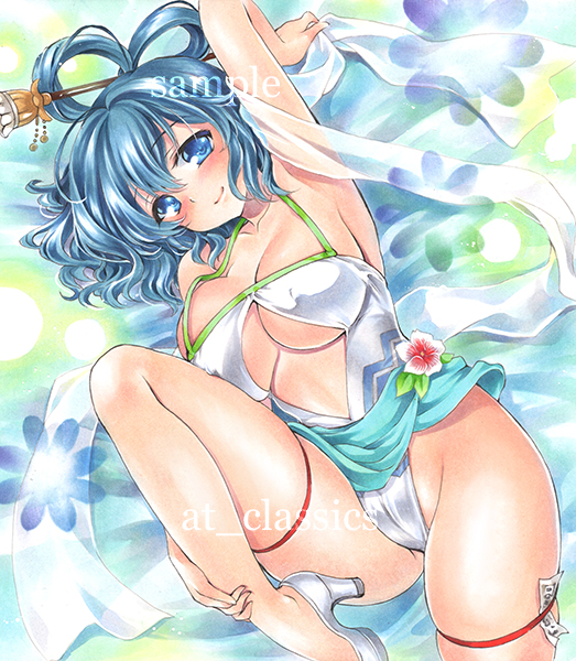 1girl alternate_costume arm_up armpits artist_name at_classics blue_eyes blue_hair blush breasts closed_mouth groin hair_ornament hair_rings hairpin hand_on_own_leg high_heels kaku_seiga large_breasts leotard looking_at_viewer lying on_back sample shawl smile solo thigh_strap touhou traditional_media watermark white_leotard
