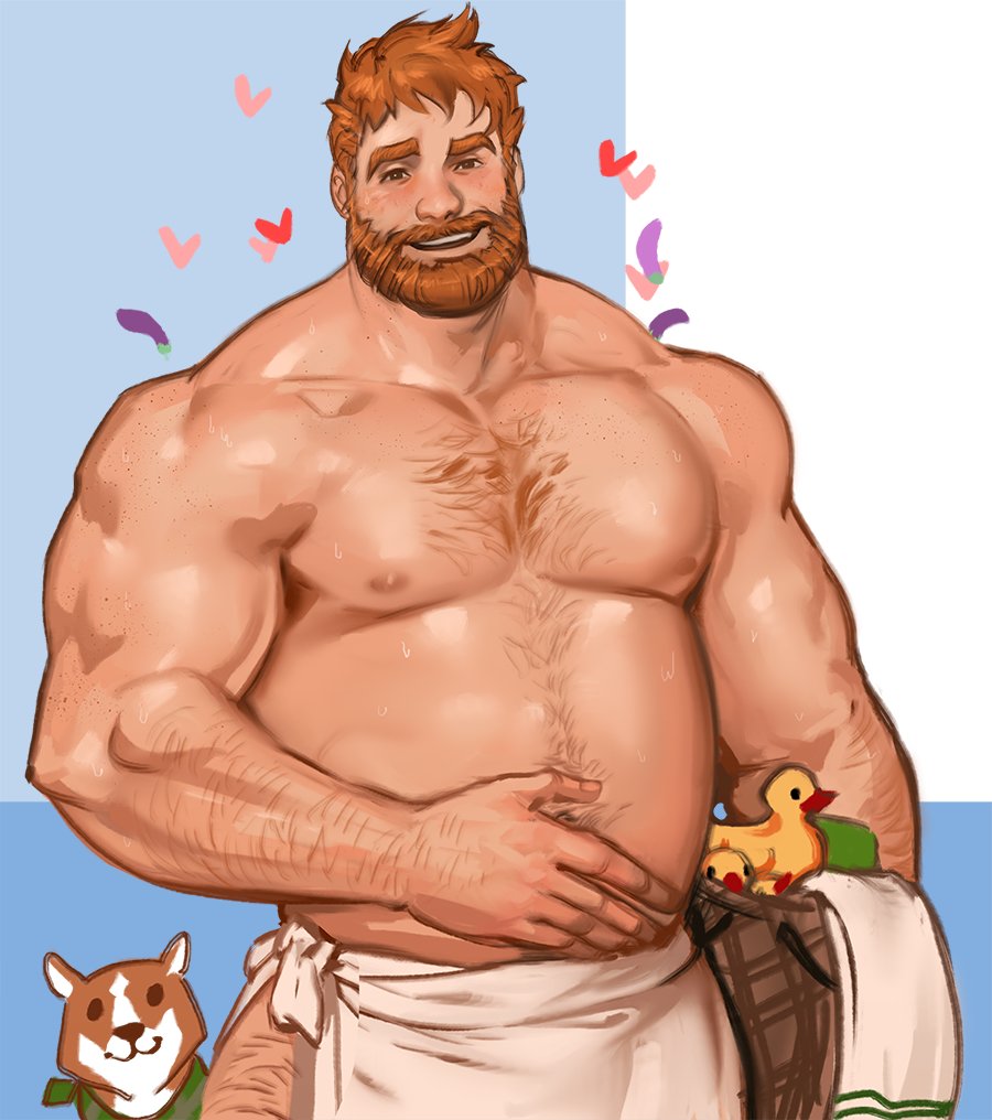 1boy beard brian_harding chest_hair dog dream_daddy:a_dad_dating_simulator eggplant facial_hair hand_on_own_stomach heart jang_ju_hyeon looking_at_viewer male_focus maxwell_(ddadds) muscle redhead rubber_duck solo standing towel welsh_corgi