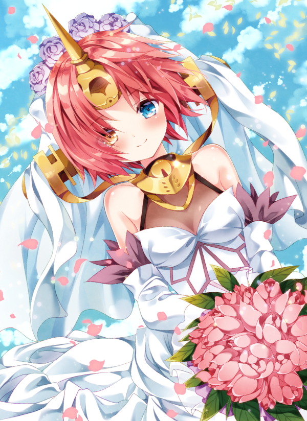 1girl berserker_of_black blue_eyes blue_sky bouquet breasts bridal_veil brown_eyes clouds day dress elbow_gloves eyebrows_visible_through_hair fate/apocrypha fate_(series) flower gloves hair_flower hair_ornament heterochromia holding holding_bouquet horn looking_at_viewer nogi_takayoshi petals pink_hair rose short_hair sky sleeveless sleeveless_dress small_breasts smile solo veil wedding_dress white_dress white_gloves