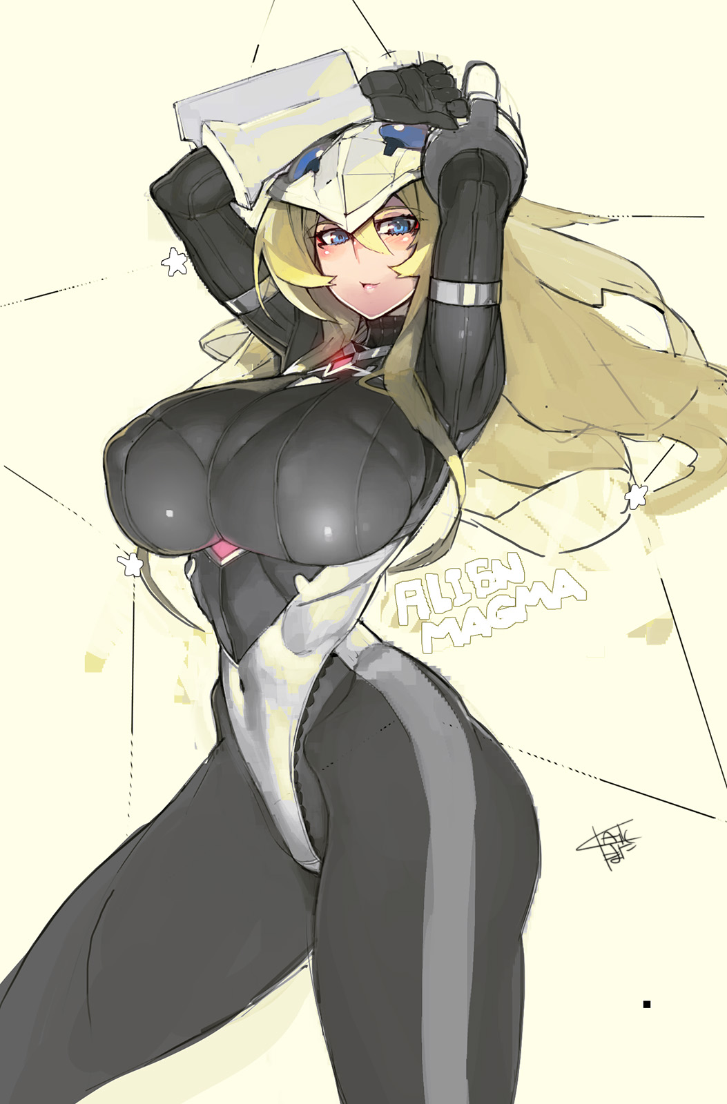 1girl arms_up blue_eyes blush bodysuit breasts erect_nipples headwear highres large_breasts long_hair magma_seijin namaniku_atk smile solo ultra_kaijuu_gijinka_keikaku ultra_series