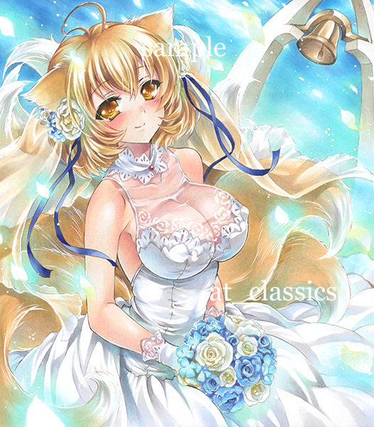 1girl ahoge animal_ears artist_name at_classics bangs bell blonde_hair blush bouquet breasts bridal_veil cleavage closed_mouth dress erect_nipples eyebrows_visible_through_hair flower fox_ears fox_tail gloves hair_flower hair_ornament holding holding_bouquet large_breasts looking_at_viewer multiple_tails sample see-through short_hair sleeveless smile solo tail touhou traditional_media veil watermark wedding_dress white_gloves yakumo_yukari yellow_eyes