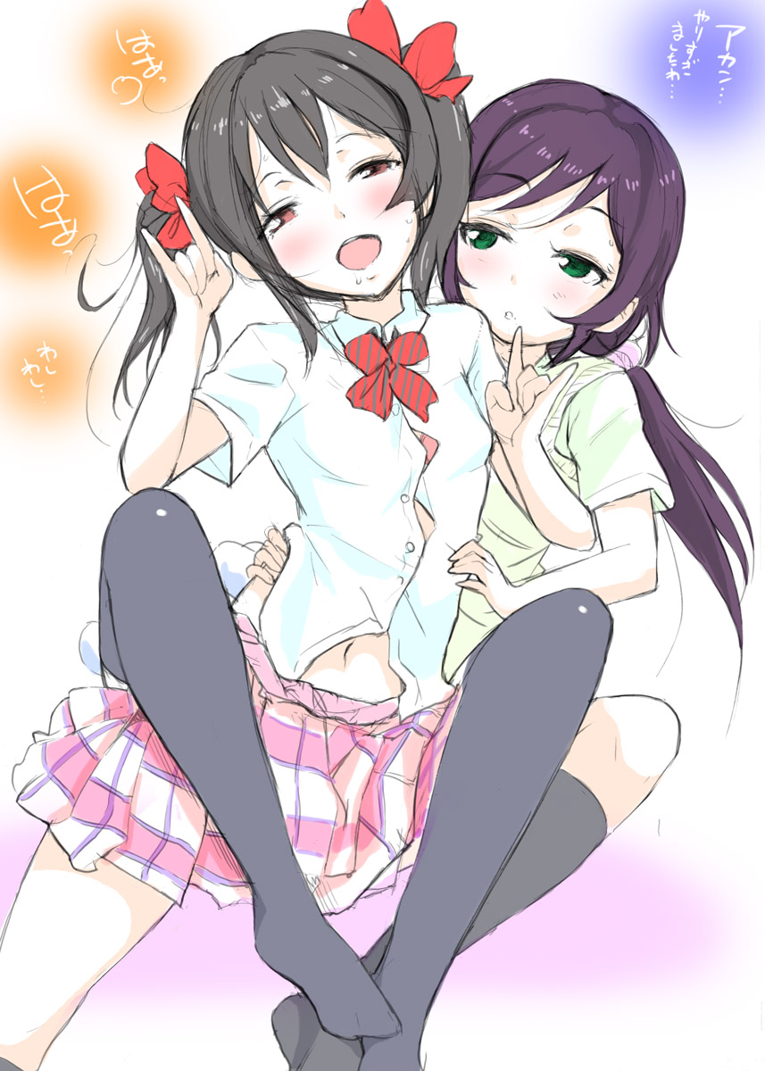 2girls :d \m/ black_hair black_legwear blush bow commentary_request double_\m/ dress_shirt green_eyes hair_bow half-closed_eyes highres kneehighs leg_lock love_live! love_live!_school_idol_project low_twintails multiple_girls navel no_shoes nylon open_mouth otonokizaka_school_uniform partially_unbuttoned plaid plaid_skirt purple_hair red_bow red_eyes school_uniform shirt skirt smile tickling toujou_nozomi translation_request twintails yazawa_nico yuri