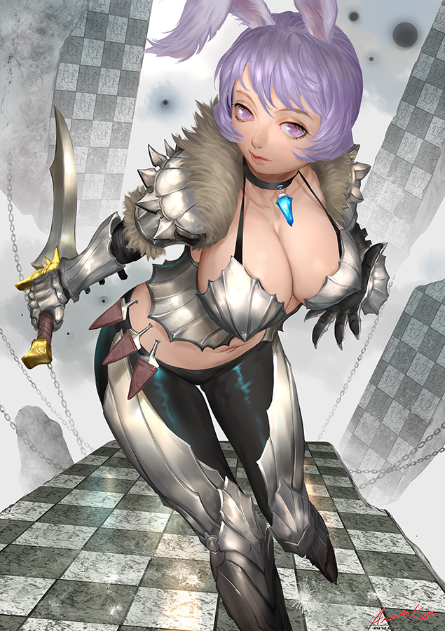 1girl animal_ears ariverkao armor assassin breasts choker cleavage jewelry large_breasts leaning_forward looking_at_viewer midriff original pendant purple_hair rabbit_ears short_hair solo standing violet_eyes weapon